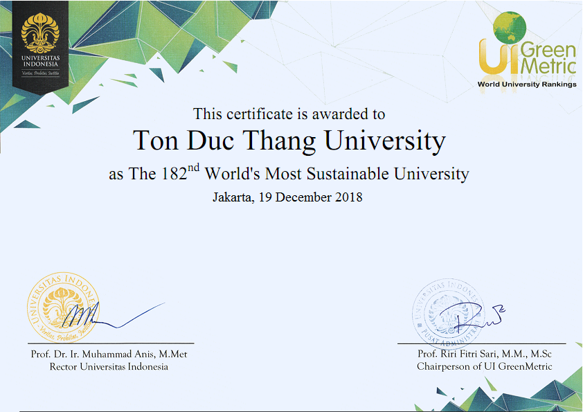 UI GreenMetric’s certificate