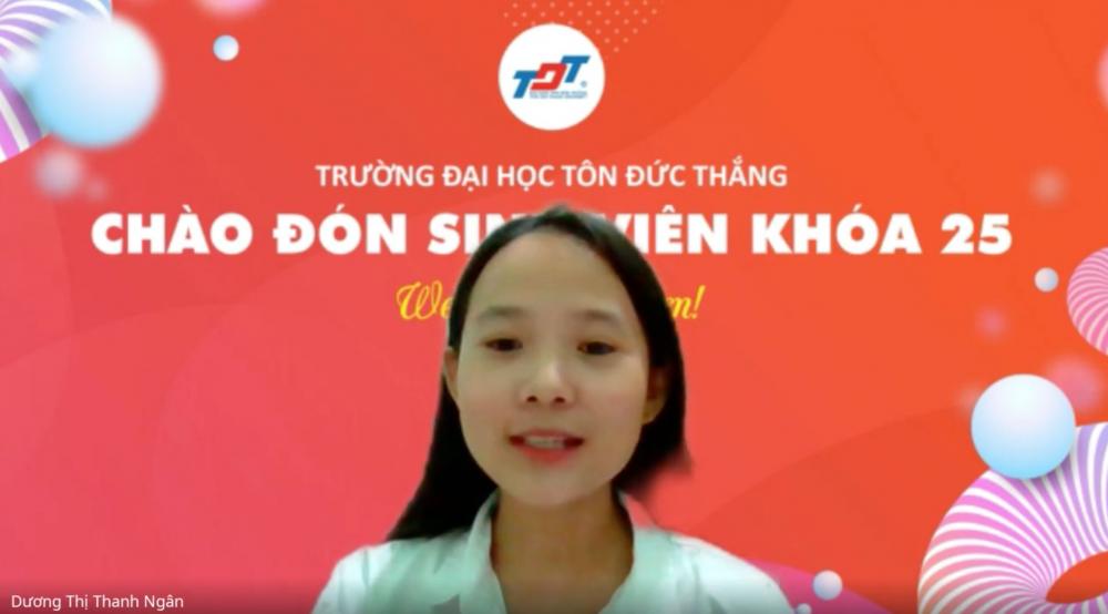 Bạn Dương Thị Thanh Ngân thay mặt sinh viên Khoá 25 phát biểu cảm nghĩ khi “chạm đến ước mơ trở thành sinh viên TDTU”.