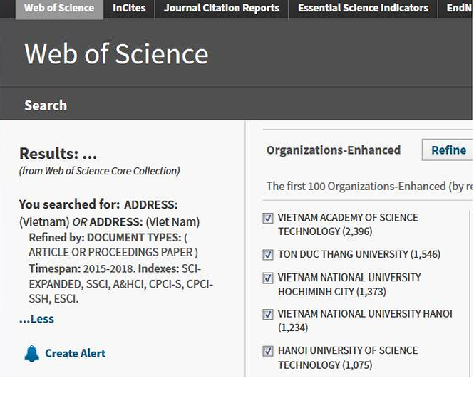 Ảnh chụp trực tiếp từ Web of Science (ngày 01/6/2018)